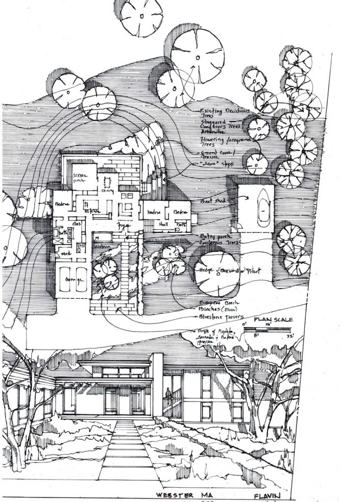 hand sketch of floor plan and front elevation